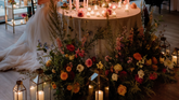 A round wedding table scattered with candles and flower heads, surrounded by a colorful floral meadow and lanterns on the floor. The bottom half of the bride's dress can be seen. 