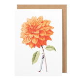White card with a watercolor painting of a small man holding an oversized orange dahlia. 