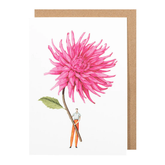 White card with a watercolor painting of a small man holding an oversized pink dahlia.