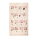 Beige tea towel with sixteen mini illustrations of people holding oversized pink flowers.