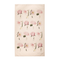 Beige tea towel with sixteen mini illustrations of people holding oversized pink flowers.