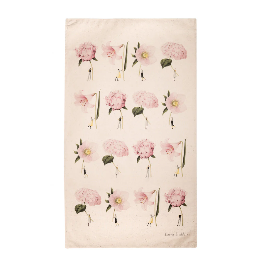 Beige tea towel with sixteen mini illustrations of people holding oversized pink flowers.