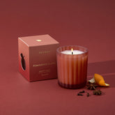 A lit Thymes Pomander Clove scented candle in a ribbed terracotta jar sits next to its dusty brick colored packaging box on a matching background, styled with star anise and a citrus peel slice.