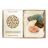 Box with sunstone, tiger's eye, citrine, pyrite, and green adventurine sit against a white background. A white card with a Cast of Stones logo and the text "Prosperity & Abundance Crystals and Stones" sits on the left side of the box. 