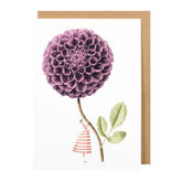 White card with a watercolor painting of a small woman holding up an oversized purple ball dahlia.