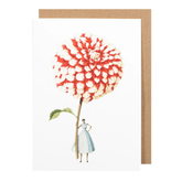 White card with a watercolor painting of a small woman holding an oversized red and white dahlia.