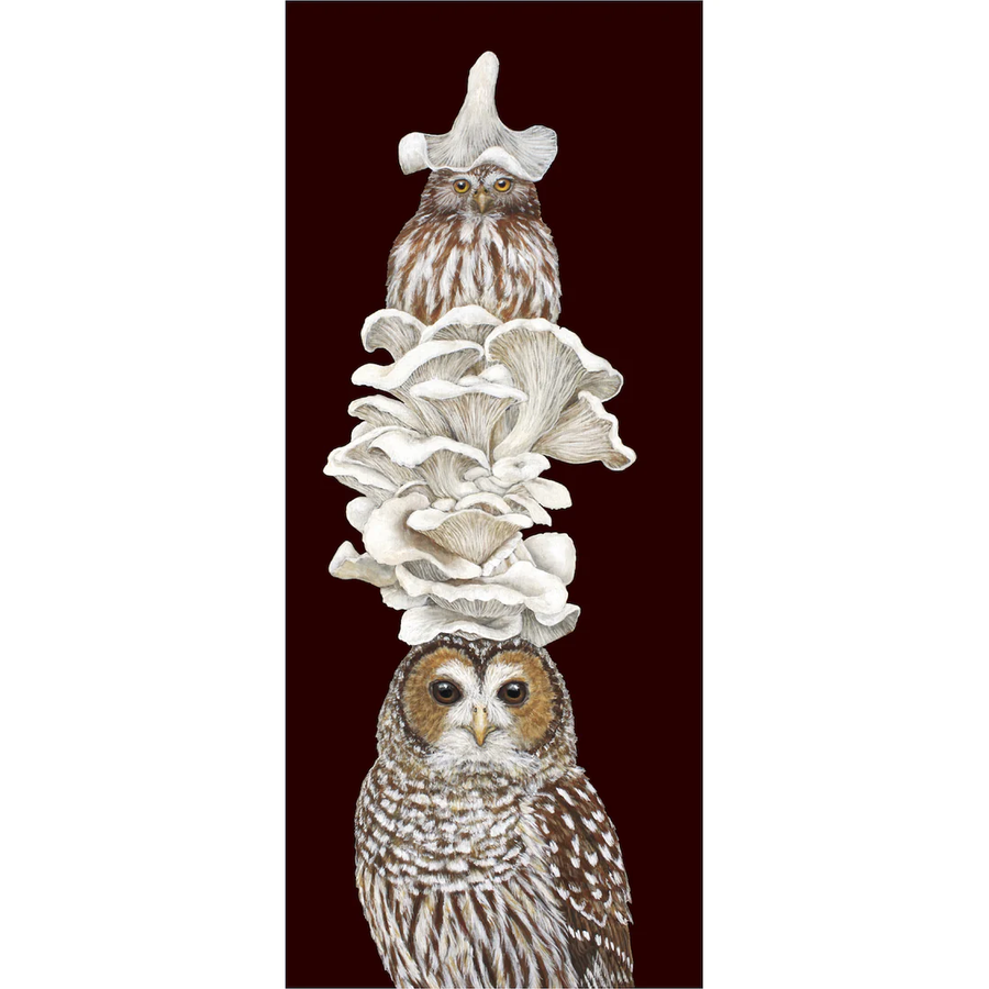 Painting of an owl with mushrooms and a smaller owl atop its head, in front of a black background. 