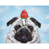 A painting of a grey pug with a strawberry atop its head, in front of a blue sky with clouds.