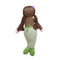 Hand-knit black mermaid rattle with green tail and purple flower in her hair, against a white background.