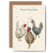 Card with illustrations of three chickens and text 'Three French Hens' on a beige background.