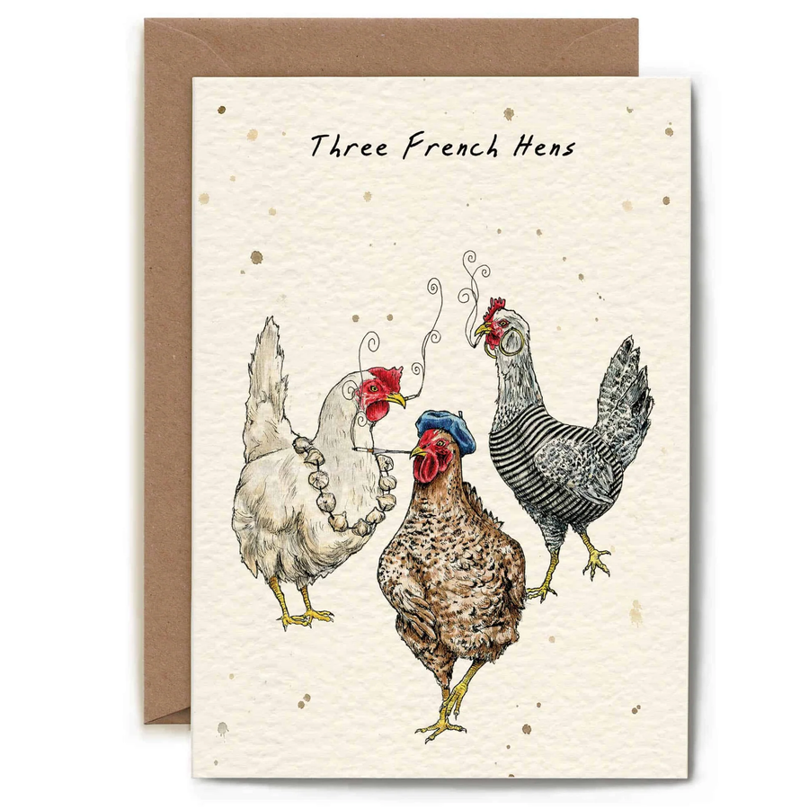 Card with illustrations of three chickens and text 'Three French Hens' on a beige background.