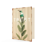 Card with a painting of a bird on a sprig of sage with the text "Trust" behind it.