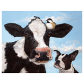 A painting of a cow, a bird, and a dog in front of a blue sky and clouds.