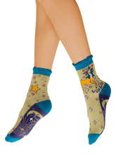 Green and blue color block socks with a yellow deer. "Virgo" written underneath the deer, with celestial elements around the socks.