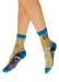 Green and blue color block socks with a yellow deer. "Virgo" written underneath the deer, with celestial elements around the socks.