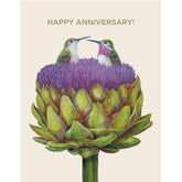 A painting of two hummingbirds sitting in a purple flower, with gold text above them that reads "Happy Anniversary!"