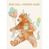 A birthday greeting card featuring an illustration of a brown bear wearing a party hat and holding a cake, surrounded by white rabbits and colorful balloons, with the text 'BEAR HUGS & BIRTHDAY WISHES' at the top.