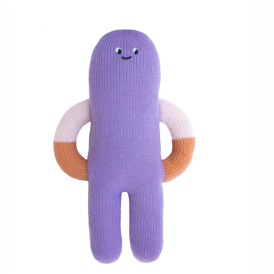 Purple plush doll with peach and light pink arms, against a white background.