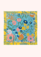 Colorful blue and yellow floral-patterned bandana on a white background.