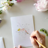Person painting on a watercolor greeting card, with flowers surrounding the image slightly out of frame.