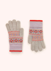A pair of gloves with a geometric orange, purple and gold pattern on them, against a light background.