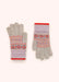 A pair of gloves with a geometric orange, purple and gold pattern on them, against a light background.