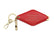 A red, diamond-shaped leather keychain with a brass key ring, split ring, and whistle. Engraved on the keychain is the phrase "I'm not going on the next family guilt trip."