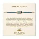 A cream, Cast of Stones branded backing card holds a crystal-beaded bracelet labelled "Fertility Bracelet". There is an informational paragraph below the bracelet detailing the properties of each crystal and its benefits.