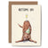 Greeting card with an illustration of a chocolate lab with a striped party hat on, and a champagne glass on its back with the text "Bottoms Up!" on a white background.