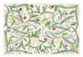 Rectangular placemat with an illustrative pattern of green sprigs, pinecones, and holly leaves and berries. 