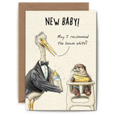 A greeting card with an illustration of a baby otter sitting in a high chair with a pacifier in its mouth, holding a menu. A stork stands next to the high chair with a bottle of milk. The text on the top of the card reads "New baby!" and a text bubble above the stork reads "May I recommend the house white?"