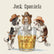 An illustration of a three spaniel dogs wearing cowboy hats and holsters, with a whiskey glass in between them. The middle dog sits in the glass, and the text above them reads "Jack Spaniels".