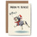 Greeting card with an illustration of a black and white french bulldog wearing a black and white striped shirt, and a red beret and scarf. A text bubble above the dog has a censored explitive and the text on the card reads "Pardon my frenchie".