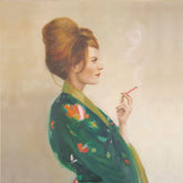 An illustrative profile portait of a woman with red hair pulled up into a beehive like hairdo. She is wearing a green kimono with orange details, and is holding a lit cigarette in one hand.