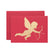 Red greeting card with a gold foil cutout of a cupid with a bow and arrow.