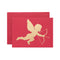 Red greeting card with a gold foil cutout of a cupid with a bow and arrow.