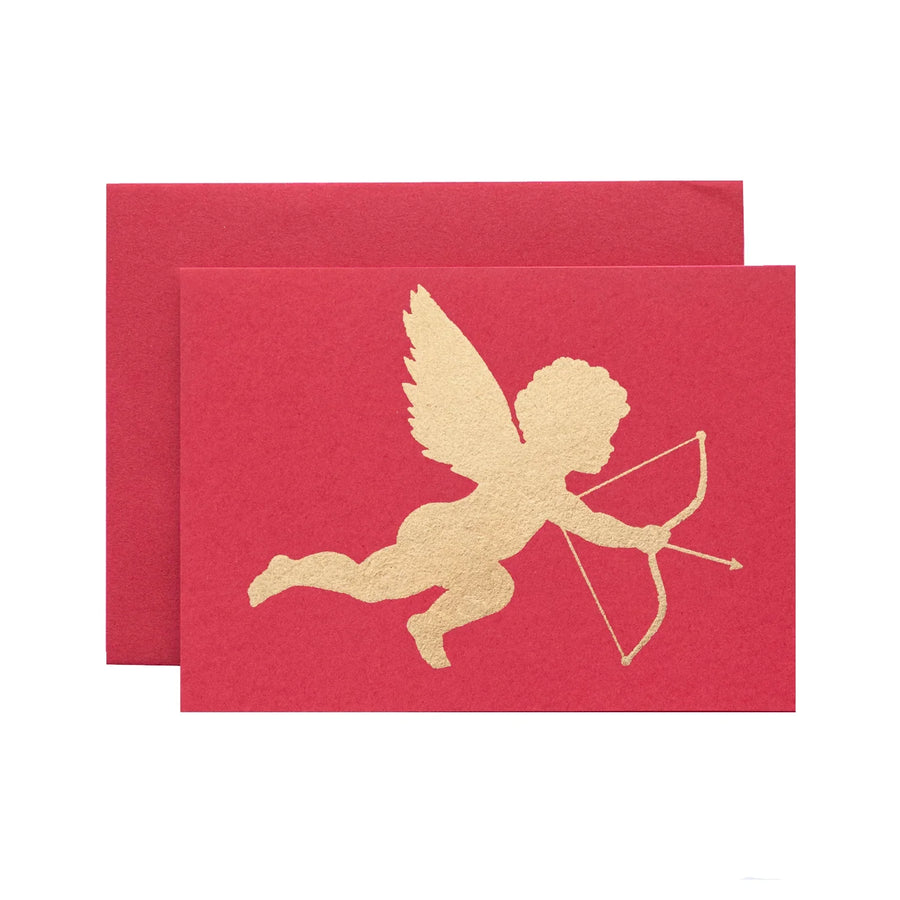 Red greeting card with a gold foil cutout of a cupid with a bow and arrow.