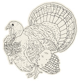 Die-cut placemat of a turkey in black outlining, intended for coloring.
