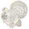 Die-cut placemat of a turkey in black outlining, intended for coloring.