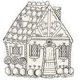 Die-cut placemat of a gingerbread house in black outlining, intended for coloring in.