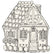 Die-cut placemat of a gingerbread house in black outlining, intended for coloring in.