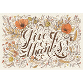 Rectangular placemat with brown cursive lettering that rads "Give Thanks", with illustrative florals, leaves, and other fall elements.