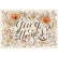 Rectangular placemat with brown cursive lettering that rads "Give Thanks", with illustrative florals, leaves, and other fall elements.