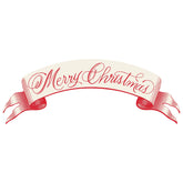 A white banner table setting with the words "Merry Christmas" in red cursive.