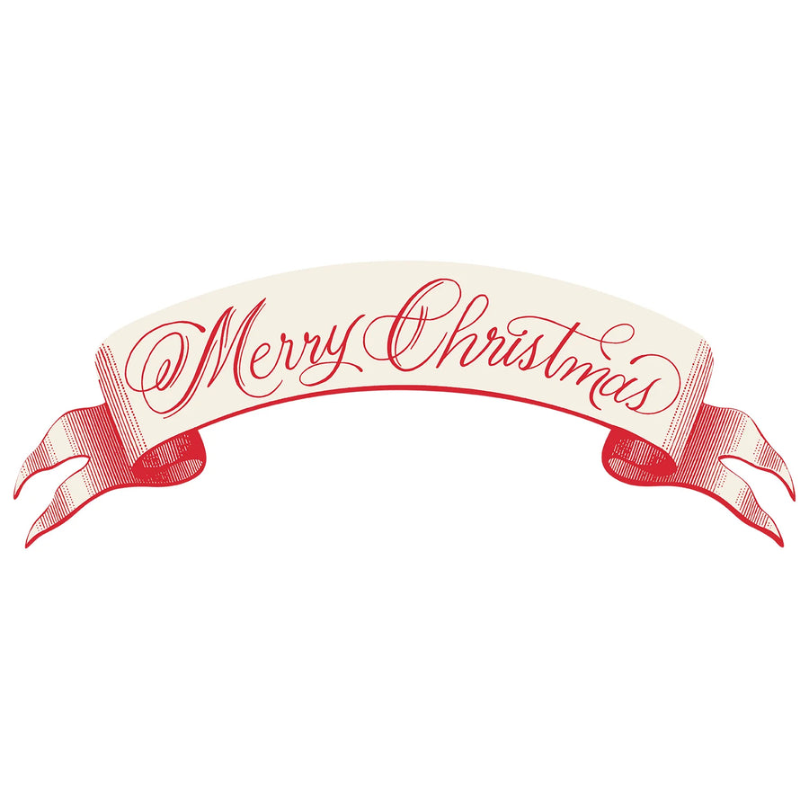 A white banner table setting with the words "Merry Christmas" in red cursive.