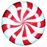 Die-cut placemat in the shape of a red and white striped peppermint.