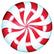 Die-cut placemat in the shape of a red and white striped peppermint.
