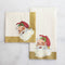A cocktail napkin and guest napkin stacked next to each other, with gold trim and an illustrated vintage Santa Clause. The napkins are laid on a white marble background.