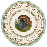 Die-Cut placemat with a turkey in the middle, with decorative borders around the turkey in brown, blue and cream colors. 