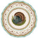 Die-Cut placemat with a turkey in the middle, with decorative borders around the turkey in brown, blue and cream colors. 